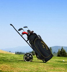 Golf bag with several clubs on a trolley on the fairway of a golf course