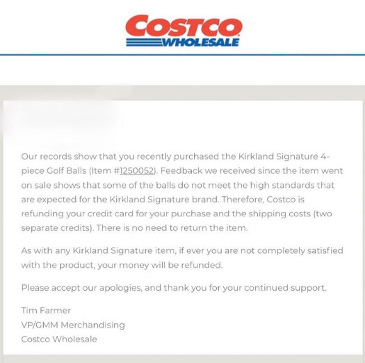 Customers Who Bought Kirkland Signature four-piece Golf balls from Costco Eligible for Full Refund